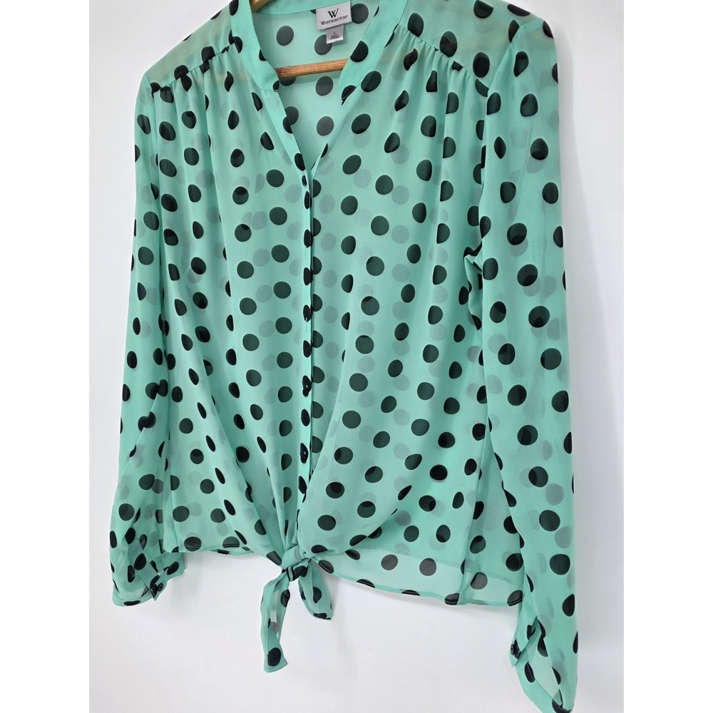 Vintage Worthington Sheer Polka Dot Tie Blouse Buttons Mandarin Collar Large